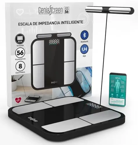 Bascula Bioimpedancia Smart Balanca Personas Inteligente con 56 Mediciones en Vidrio Templado Capacidad 180Kg GeniaScreen SolidTrack con Display LED - para Masa Muscular Grasa BMI Bluetooth