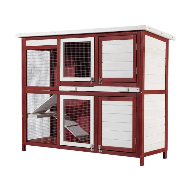 Conejera con Escalera y Dos Niveles Rojo y Blanco Caseta con Suelo extraíble y tejado Plegable