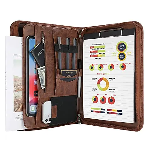 ProCase Portafolio Grande con Cremallera, Portacuaderno Profesional Organiza Documento/Tarjetas/Plumas, Bolsillo de Tableta y Móvil Carpeta de Cuaderno de Notas, Útil para Escuela y Trabajo - Marrón