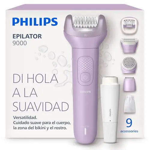 Philips Depiladora Serie 9000 – eléctrica inalámbrica para uso en seco y mojado, para cara, cuerpo y zona del bikini; con ProGuide, 9 accesorios, 60 min de autonomía, modelo BRE729/00