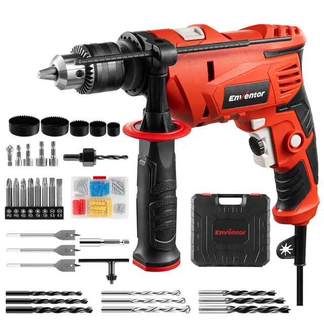 Enventor Taladro Percutor con Cable 900W, 37 Accesorios, Función 2 en 1, Velocidad Variable 0-3000RPM, Mango Auxiliar de 360°, Portabrocas de 13MM, para Concreto, Metal y Madera