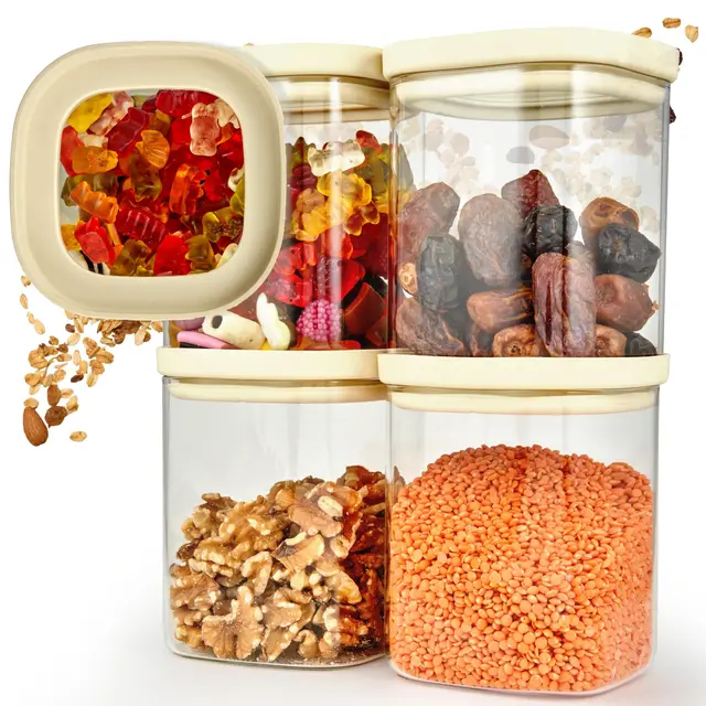Set de 4 Tarros de Cristal con Tapa de Vidrio Borosilicato resistente + Etiquetas (4x 1000ml) - Botes Herméticos y Apilables - Botes Cocina Almacenaje, Frasco Cuadrado