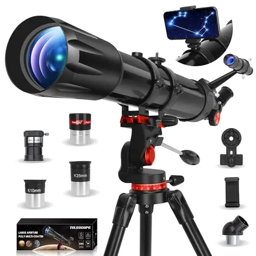 HETEKAN Telescopio Astronómico 90/900mm, Telescopio Refractor para Adultos y Principiantes, 36X-450X, con Trípode de Acero Inoxidable y Adaptador de Teléfono