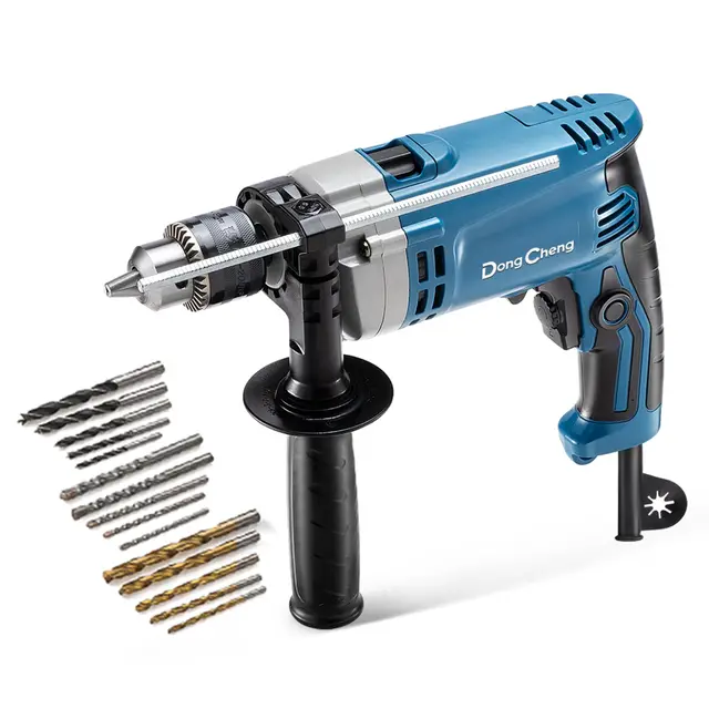 DongCheng - Taladro de percusión (710 W, 13 mm, taladro de percusión, 45,000 IPM, 3000 RPM con 15 coronas de perforación para metal, madera y hormigón