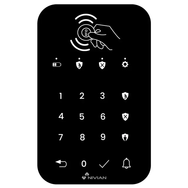 NIVIAN NVS-KEYPAD – Teclado Inalámbrico para Sistema de Alarma NVS-TOUCHALARM, Lector RFID, Botón de Timbre, Comunicación RF 433 MHz, Alcance 80 m, Batería Recargable, Anti-Manipulación
