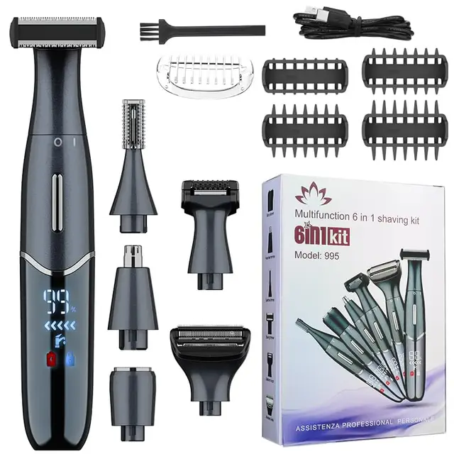 Depiladora Eléctrica 6 en 1 — Uso corporal completo en seco/mojado, 6 accesorios, carga Tipo-C, resistencia al agua IPX5, pantalla LED, color negro