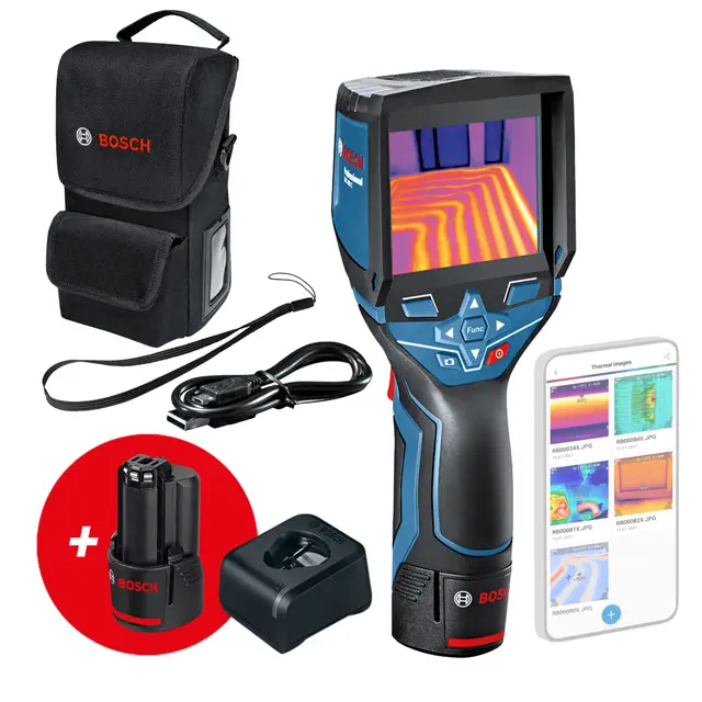 Bosch Professional Sistema 12V Cámara térmica GTC 400 C (2 baterías 12V + cargador, bolsa de transporte, con conectividad, medición -10 °C hasta +400 °C, resolución: 160 x 120px, en L-BOXX)