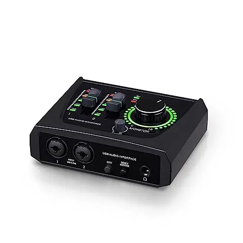 BOMGE Mini interfaz de audio USB de 2 canales para grabación, transmisión y podcasting, con alimentación fantasma XLR/48V, audio de calidad de estudio para guitarrista, vocalista,