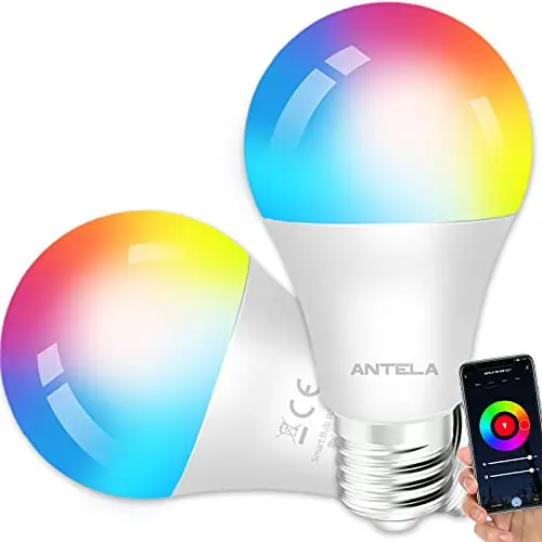 ANTELA Bombilla Inteligente LED E27 Wifi Compatible Con Google Home/Alexa, Bombilla RGB(2700K-6500K) Luces Colores Regulable, Control Remoto,Control De Voz, Ahorro Energético, Paquete 2