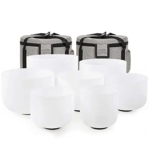 CVNC, Juego de 7 cuencos tibetanos de cristal de cuarzo esmerilado de 432 Hz de 15 cm a 30 cm, para terapia de sonido, meditación terapéutica, incluye 2 estuches de regalo