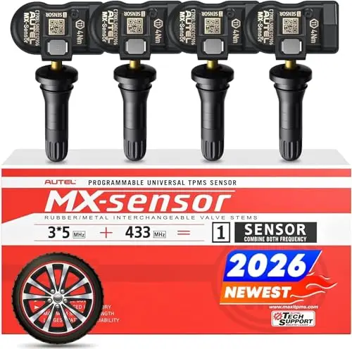 Autel TPMS 2 en 1 MX-Sensor, Sensor Sistema Monitor Presión Neumáticos a Presión 1 Sensor, Sensor TPMS Inalámbrico Programable & Clonable Nivel OE para Todos Vehículos (Válvula Goma, 4 Unidades)