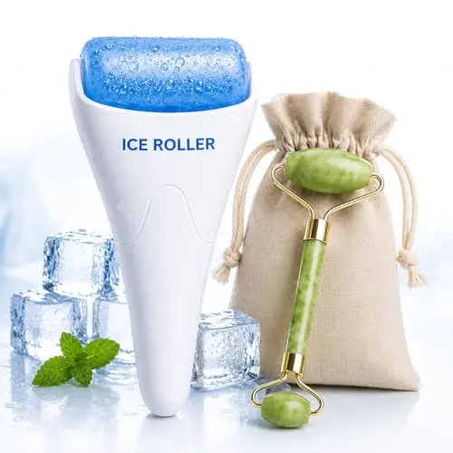 Rodillo Facial de Hielo + Rodillo de Jade natural. Reduce Hinchazon, Bolsas y Ojeras. Masajeador Facial Frio Antiinflamatorio para Cara y Ojos. Kit de Cuidado Facial 2 en 1 con Bolsa de Regalo