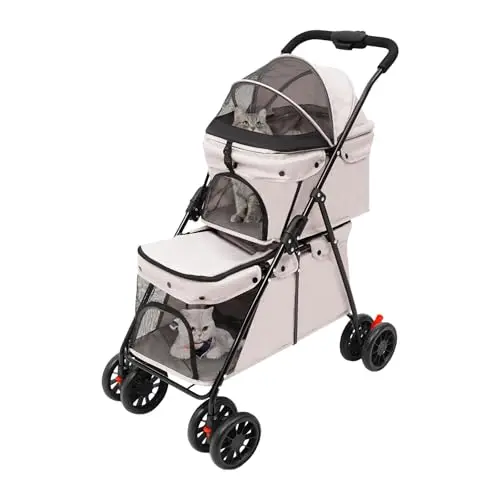 Carrito para mascotas de 2 capas para perros y gatos, plegable con ventana de red, freno y bolsa de almacenamiento, marco estable de acero al carbono, soporta hasta 40 kg, 95 x 60 cm (gris)