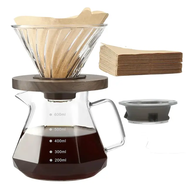 Lalord Cafetera de Goteo de Borosilicato de 20 onzas con Filtro de Papel V02, 100 hojas, Mango de Nogal y Tapa de Cafetera, 600 ml