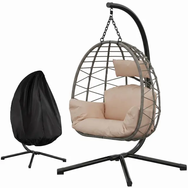 Litake Silla Colgante para Exterior y Jardín - Estructura Completamente Metálica - Silla Huevo con Soporte, Soporta hasta 150 kg - con Cojines Cómodos, Ideal para Jardín, Balcón y Patio, Beige