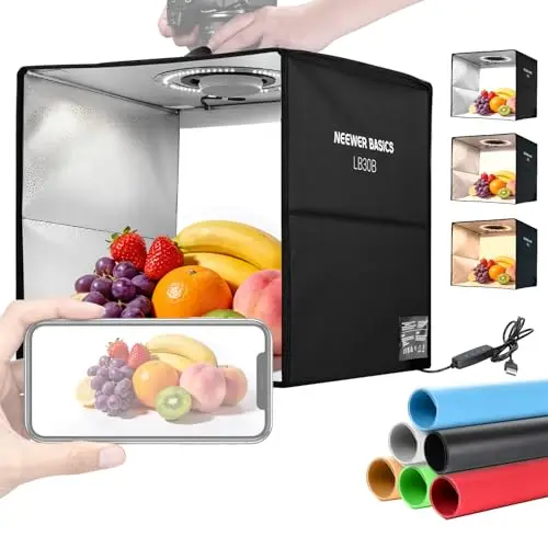 NEEWER Basics Bicolor Fotografía Estudio Caja Luz Light Box, 12"x12"x12" Plegable Booth Shooting Tent con 6 Color Fondos, 120 Leds CRI95+ Dimmable para Fotografía Joyería Electrónica Alimentos, LB30B