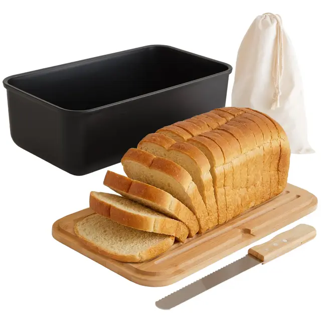 UCO Paneras de Mesa 38 cm, Panera con Tapa de Madera Tipo Tabla con Cuchillo y Bolsa de Tela, Caja Almacenaje con Tapa para Encimera, Paneras para Guardar el Pan para Chapata Pequeña