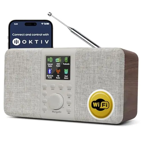 SR20 Radio por Internet con WiFi,Radio Dab Portátil con Altavoz Bluetooth,Reproductor de Podcast,FM,Radios de Cocina de Red y Batería,Sonido Estéreo,Pantalla a Color,Doble Alarma-Walnut