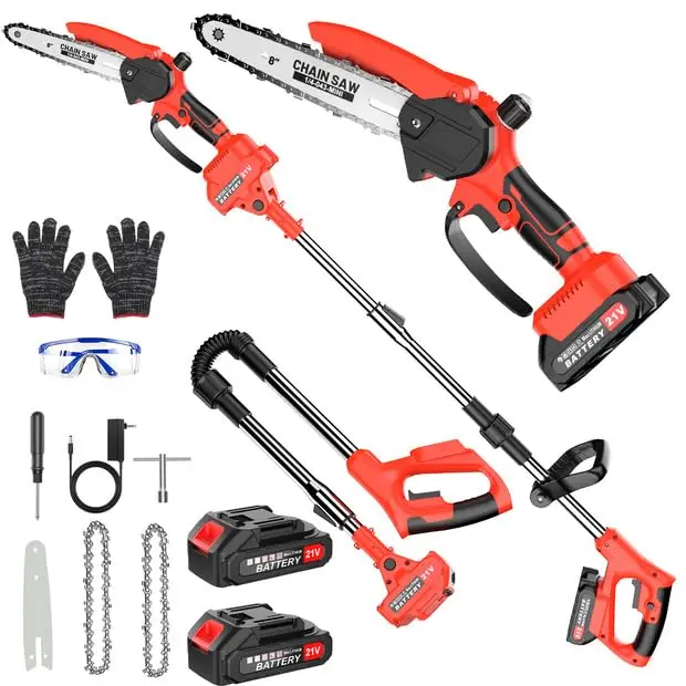 Motosierra Batería Sin Cable, 2 en 1 Mini Motosierra y Podadora de Pértiga, con 2 Baterías de 1500mAh, Sierra de Poda Telescópica Eléctrica, Guantes para Podar Arboles Patio de Jardín árboles, Rojo
