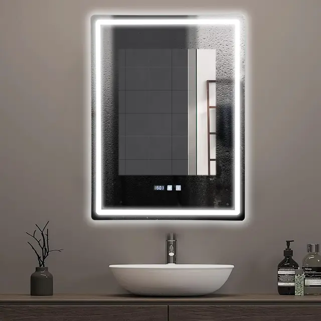 Espejo de Baño LED 60 x 80 cm, IP54, con Luz Regulable, Anti-Niebla, Display de Temperatura y Hora, Memoria de Ajustes Favoritos