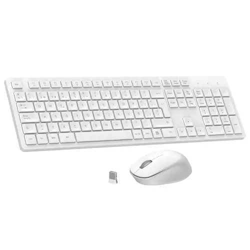 LeadsaiL Teclado y Raton Inalámbrico, Teclado y Raton Inalambrico Ergonómico, Español QWERTY, Tamaño Completo con Teclado Numérico, Receptor USB 2.4 GHz for Mac, PC, Ordenador Portátil-Blanco