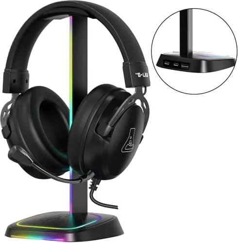 The G-Lab K-Stand Neon RGB HUB – Soporte Auriculares con Iluminación RGB – Soporte Cascos Gaming con HUB USB-A/USB-C y Botón ON/Off | Accesorio Gaming para PC PS5 Xbox Switch – Regalo Gamer | Nuevo