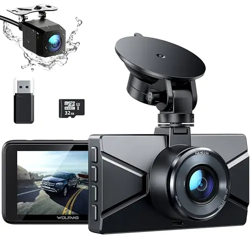 WOLFANG Cámara de Coche Delantera y Trasera 2.5K QHD, Dashcam de Doble Lente para Coches de 170º Gran Angular Monitor de Aparcamiento 24H con Grabación en Bucle y Sensor G