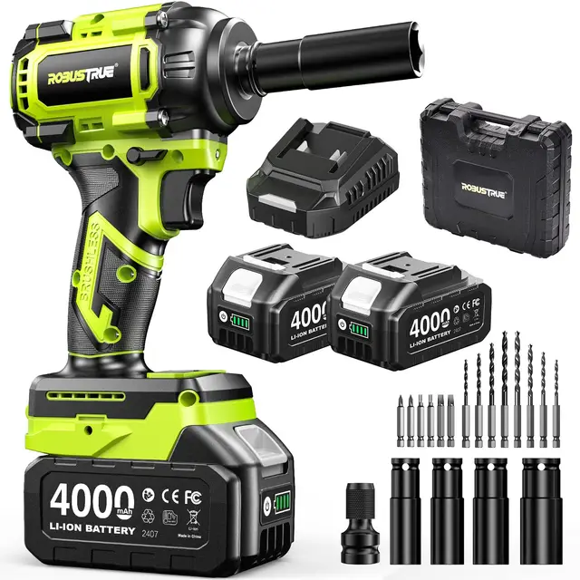 Robustrue 800 N·m llave de impacto inalámbrica 1/2", motor sin escobillas de alto par, hasta 2800 rpm, 2 baterías 4,0Ah con cargador, 4 vasos, ideal para coche y uso doméstico