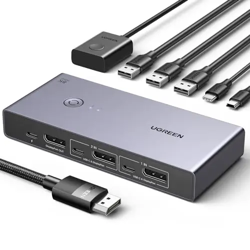 UGREEN Switch KVM Displayport 8K 60Hz 2 Entradas 1 Salida 1.4 4K 240Hz 1 Puerto Tipo C 3 Puertos USB A para Teclado Ratón Disco Duro Impresora Monitor con Controlador y 2 Cables DP 1M