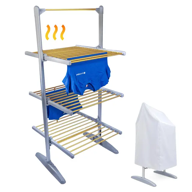 Silvergear® Tendedero Eléctrico Plegable con Calefacción | 4 Niveles | Temperatura Ajustable de 30-70°C | Temporizador de 1-9 Horas | Ahorro de Energía | Estructura Compacta y Plegable | 300W