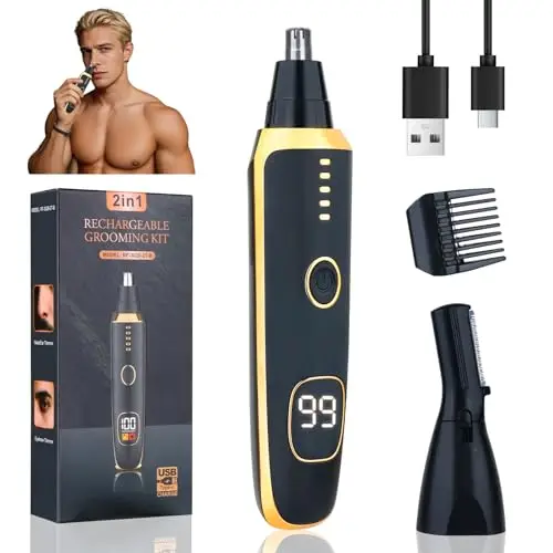Cortapelos Nariz y Oreja 2 en 1 con Pantalla LED, Recortador de Vello Nasal y Cejas Indoloro, USB-C Recargable, Impermeable IPX7, Compacto y Portátil para Hombre y Mujer (Negro)