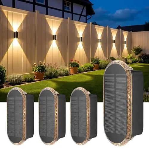 ELLASAY Aplique Solar Pared Exterior,Lámparas Solares Exteriores Arriba y Abajo IP65 Impermeable,3 Colores Brillantes Luces Solares Exterior Jardín Inalámbricas Para Patio Cubierta Valla 4 Pack