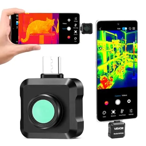 VEVOR Cámara Térmica para Android, Cámara Termográfica, Infrarroja, Resolución IR 256 x 192, Superresolución 512 x 384 TISR, 25 Hz, Rango -20 a 550 °C para HVAC Fontanería Inspección Eléctrica Móvil