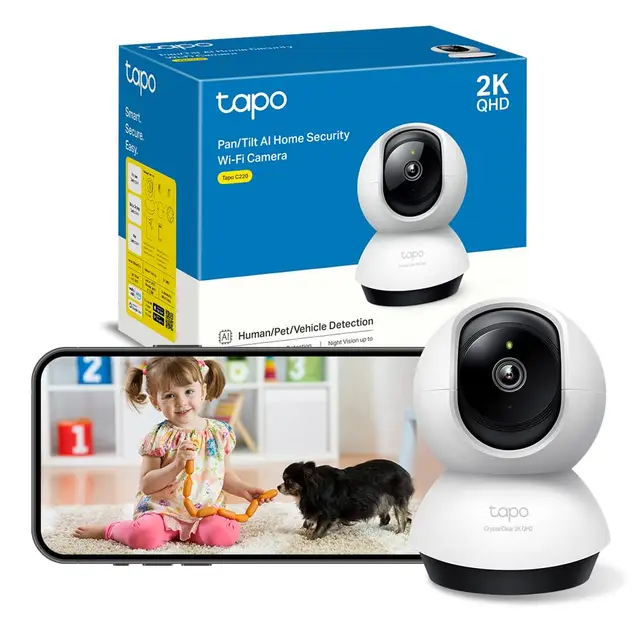 Tapo C220 - IA Cámara Vigilancia 360°, 2K 4MP QHD, Inteligente de IA, Visión Nocturna, Audio Bidireccional, Detección Movimiento, Admite Tarjeta SD 512G, Control Remoto, Fácil configuración