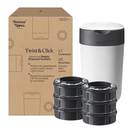 Tommee Tippee Contenedor para Pañales Avanzado Twist and Click, Nuevo Sistema Ecológico, Incluye 6 Recambios con Película GREENFILM, Blanco