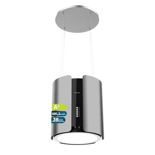 Cecotec Campana Extractora de Isla Redonda 38 cm Bolero Flux CRE 385500 Inox A+. Succión 591,2 m³/h, Control de Botones Electrónicos, Filtro de Carbono, Clase A+, Motor DC