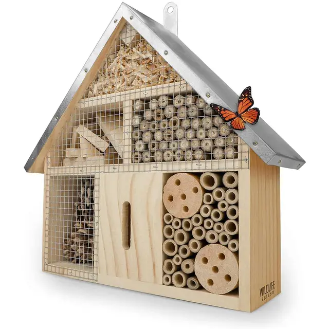 WILDLIFE FRIEND Hotel para Insectos con Techo de Metal. Casa para Insectos en Madera Natural para Abejas, Mariquitas, crisópidos, Mariposas. Mariposario