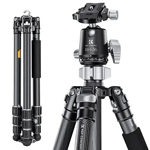 K&F CONCEPT Trípode Cámara,173cm Trípode de Carbono Fotografía Compacto y Professional con 360° Rótula de Bola y Placa de Liberación para Cámara DSLR Carga 16kg