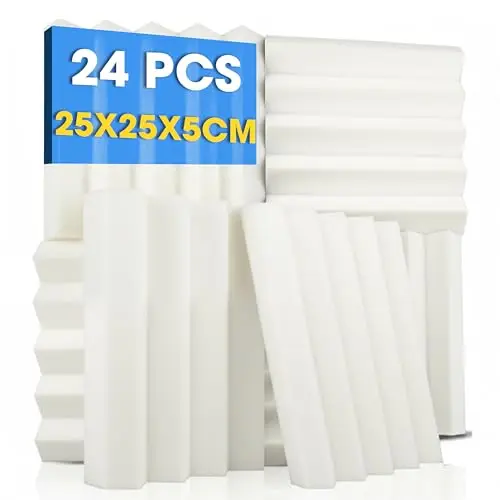 Arrowzoom 24 Paneles Acústicos de Espuma Wedge 25 x 25 x 5 cm, Paneles Fonoabsorbentes de Alta Densidad para Reducir Eco, Estudio, Gaming, Oficina en Casa, Blanco Perla