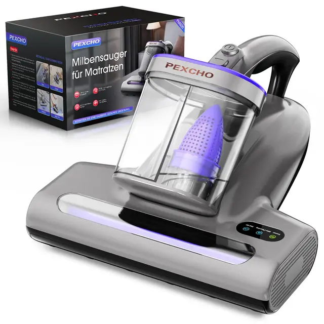 PEXCHO Aspirador de ácaros PM600 con luz UV, 500 W, para alérgicos, Elimina el 99,9% de los ácaros del Polvo, alérgenos, Pelo de Animales de colchones, alfombras y sofás