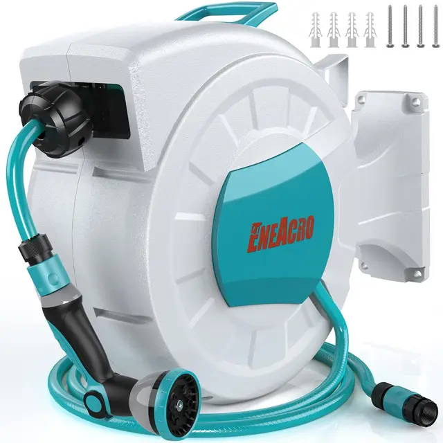 ENEACRO Enrollador Manguera Jardin de 30 m | Cartucho de manguera de pared con pistola pulverizadora de 10 funciones y función de enrollado automático, Garden Hose Reel