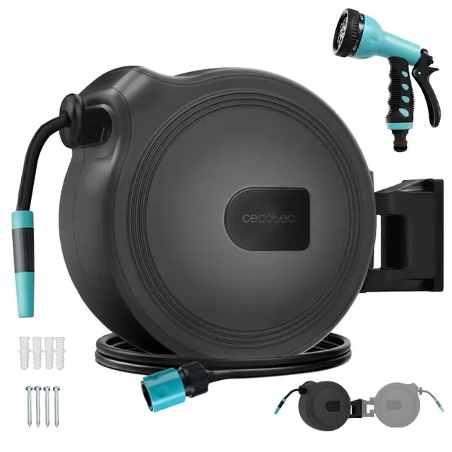 Cecotec Carrete de Manguera de 30m HydroShell 30. Enrollador Automático con SlowReturn Technology, Portátil y Ergonómico, Incluye Boquilla Simple y Pistola Pulverizadora, Conexión Universal 3in1