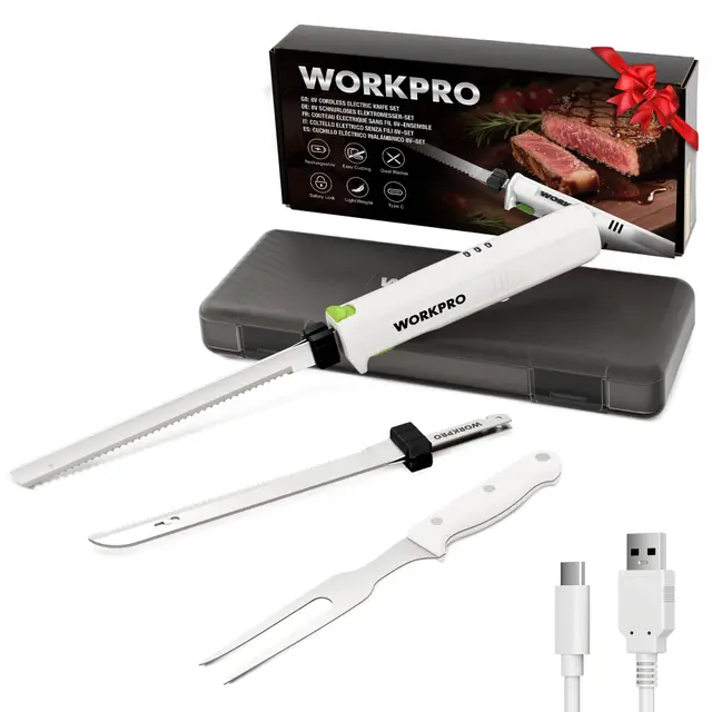 WORKPRO Cuchillo Eléctrico Inalámbrico 8V, Lavable en Lavavajillas, con Caja de Almacenamiento, 2 Cuchillas de Acero Inoxidable, Tenedor, Ideal para Carne, Pan, Jamón y Queso