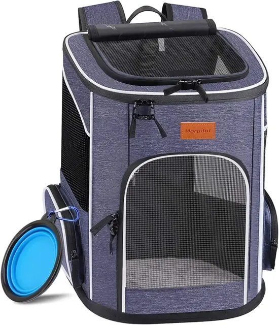 morpilot Mochila Transportín Perro, Mochila Transportín Gato Bien Ventilado con Correa de Seguridad Interior, Bolsa de Transporte para Para Gatos y Perros Pequeños Azul (32 x28 x42cm) + Tazón Plegable