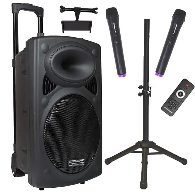 DYNASONIC Dynapro Altavoz Autoamplificado Potente 15"/1000W, Altavoz Bluetooth Portátil 2 Micrófonos, Sistema PA, TWS, USB/SD y Batería Larga Duración. Ideal para Exterior