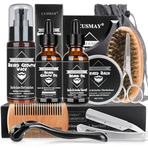 Kit Barba Cuidado para Hombres,Kit Cuidado Barba Hombre Completo con Champú Barba, Aceite Barba, Bálsamo, Afeitadora, Rodillo, Cepillo, Peine, Tijeras, Bolsa de Viaje, Regalos para Papá, Novio