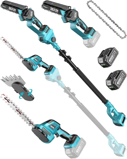 SEESII 6-en-1 Mini Motosierra y Cortasetos a Batería, con 2 * 4000mAh Baterías, Motosierra Electrica con Pértiga Telescópica, Alcance Máximo de hasta 4,57 m, con 30 ml Tanque de Aceite