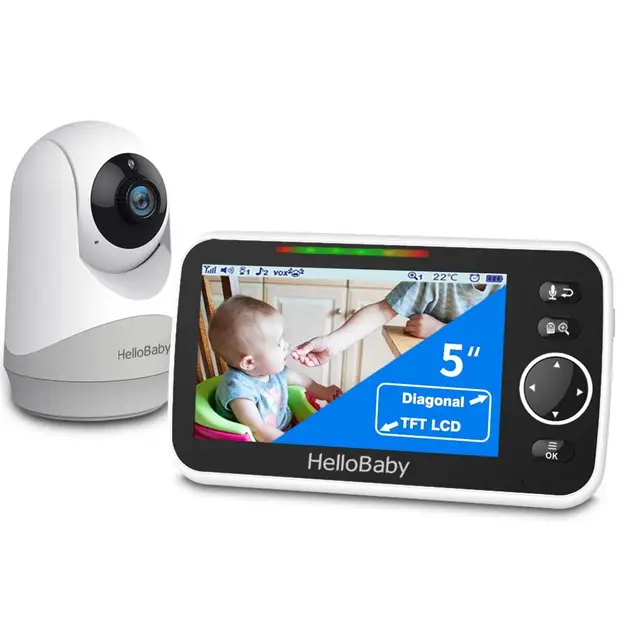 HelloBaby Monitor con cámara y Audio, Pantalla Grande de 5 Pulgadas con batería de 3500 mAh, cámara remota de Zoom panorámico, conversación bidireccional, Modo ecológico, visión Nocturna automática