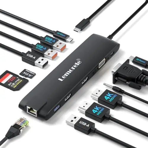 Mejora Lemorele Docking Station USB C 3*Display-13 en 1,2 HDMI 4K, Ethernet,4USB 3.2/2.0, VGA,3.2USB-C 10Gbps, PD 100W, Audio, SD/TF, Hub USB C/Docking Station for MacBook/DELL/Windows/HP/Surface