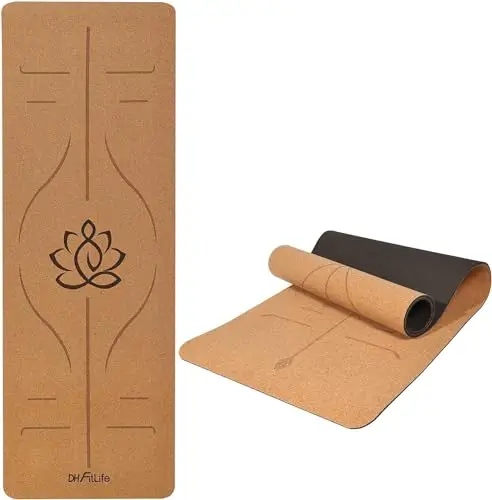 DH FitLife Esterilla de Yoga de Corcho y TPE, Colchoneta de Gimnasia 183 x 61 x 0,6 cm, Esterilla de Deporte y Fitness Antideslizante, Yoga mat Gruesa con Líneas de Orientación